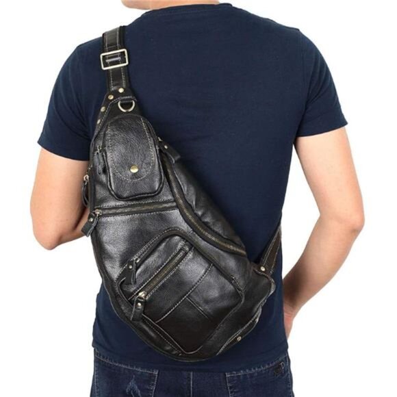 NEW Black Leather Genuine Cowhide Leather Sling Crossbody Bag - Picture 5 of 6